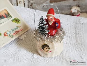 Watteschmuck , Erzgebirgemännlein in Wattekörbchen mit Tannenbaum , Oblate , Tinsel , Seltener Christbaumschmuck