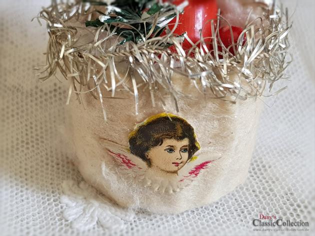 Watteschmuck , Erzgebirgemännlein in Wattekörbchen mit Tannenbaum , Oblate , Tinsel , Seltener Christbaumschmuck