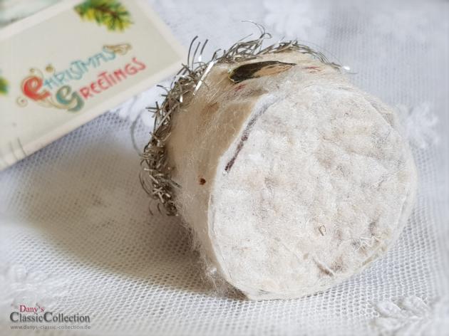 Watteschmuck , Erzgebirgemännlein in Wattekörbchen mit Tannenbaum , Oblate , Tinsel , Seltener Christbaumschmuck