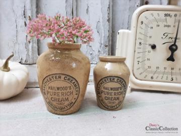 VERKAUFT ! 2 antike Steingut Cream Pötte ~ Hailwoods Rich Cream Manchester ~ Vase ~ Pottery ~ englisches Steingut ~ Werbung ~ Keiller Dundee