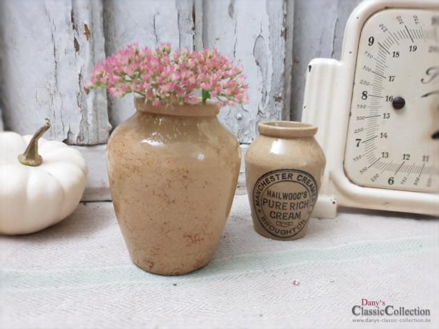 VERKAUFT ! 2 antike Steingut Cream Pötte ~ Hailwoods Rich Cream Manchester ~ Vase ~ Pottery ~ englisches Steingut ~ Werbung ~ Keiller Dundee