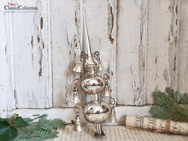 VERKAUFT ! Alte Baumspitze aus Glas ~ 30 cm ~ Christbaumspitze silber ~ 6 Glocken ~ Bouillondraht ~ Weihnachtsbaum