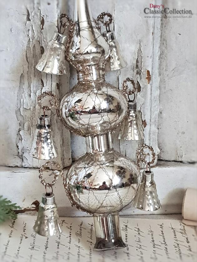 VERKAUFT ! Alte Baumspitze aus Glas ~ 30 cm ~ Christbaumspitze silber ~ 6 Glocken ~ Bouillondraht ~ Weihnachtsbaum