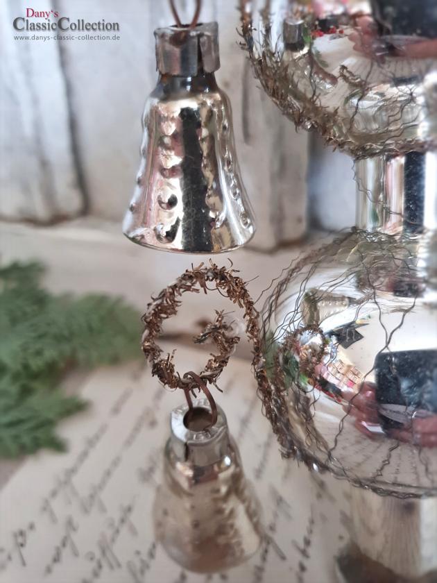 VERKAUFT ! Alte Baumspitze aus Glas ~ 30 cm ~ Christbaumspitze silber ~ 6 Glocken ~ Bouillondraht ~ Weihnachtsbaum