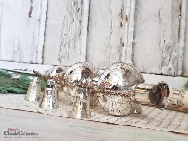 VERKAUFT ! Alte Baumspitze aus Glas ~ 30 cm ~ Christbaumspitze silber ~ 6 Glocken ~ Bouillondraht ~ Weihnachtsbaum