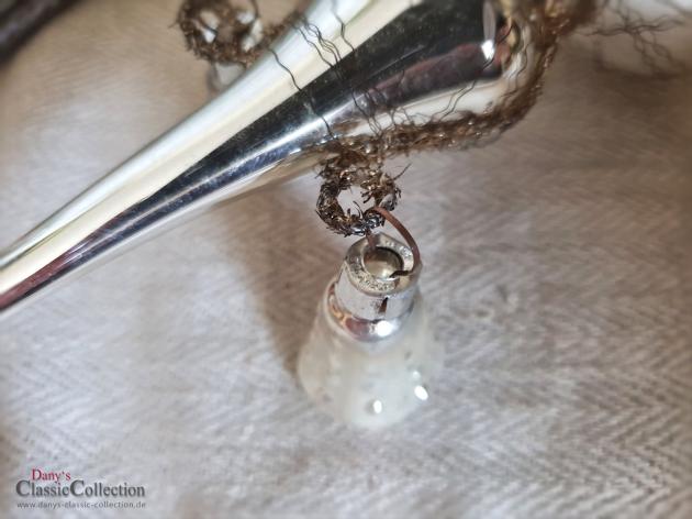 VERKAUFT ! Alte Baumspitze aus Glas ~ 30 cm ~ Christbaumspitze silber ~ 6 Glocken ~ Bouillondraht ~ Weihnachtsbaum