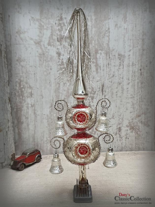 VERKAUFT ! Reflex-Baumspitze 31 cm ~ rote Einstiche & 4 Glocken ~ Tinsel ~ Weihnachtsbaum ~ Bauernsilber ~ Nostalgie Weihnacht