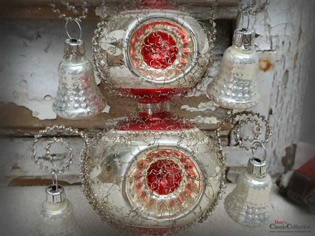 VERKAUFT ! Reflex-Baumspitze 31 cm ~ rote Einstiche & 4 Glocken ~ Tinsel ~ Weihnachtsbaum ~ Bauernsilber ~ Nostalgie Weihnacht
