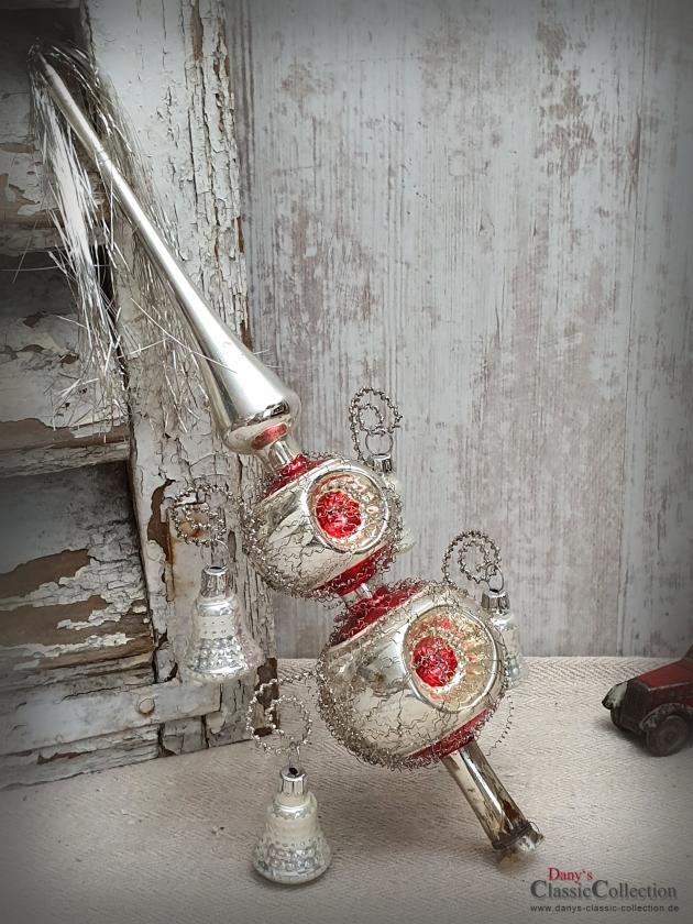 VERKAUFT ! Reflex-Baumspitze 31 cm ~ rote Einstiche & 4 Glocken ~ Tinsel ~ Weihnachtsbaum ~ Bauernsilber ~ Nostalgie Weihnacht