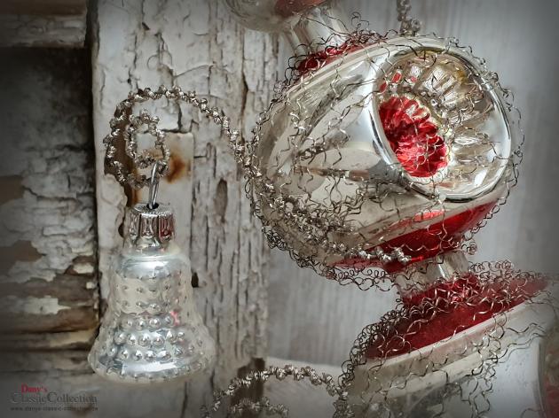 VERKAUFT ! Reflex-Baumspitze 31 cm ~ rote Einstiche & 4 Glocken ~ Tinsel ~ Weihnachtsbaum ~ Bauernsilber ~ Nostalgie Weihnacht