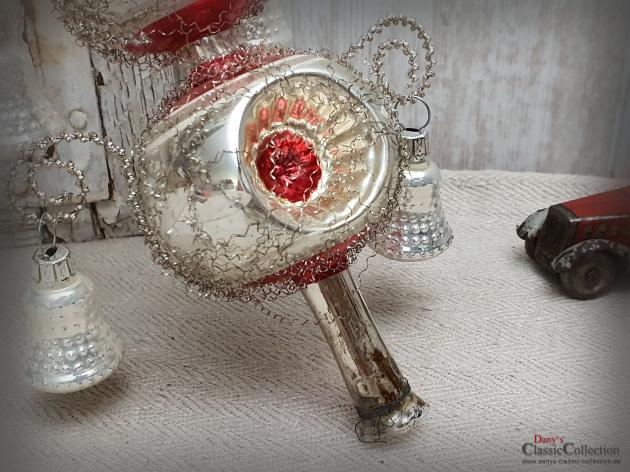 VERKAUFT ! Reflex-Baumspitze 31 cm ~ rote Einstiche & 4 Glocken ~ Tinsel ~ Weihnachtsbaum ~ Bauernsilber ~ Nostalgie Weihnacht