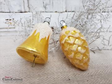 VERKAUFT ! Alter Christbaumschmuck goldgelb mit Schnee ~ Zapfen & Glocke ~ Weihnachtsbaum ~ Weihnachtsschmuck ~ nostalgische Weihnachten