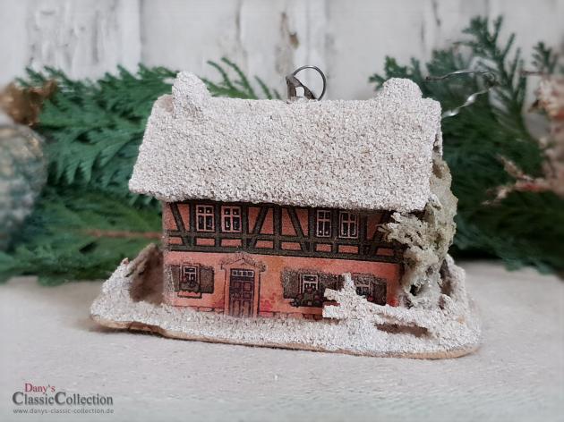 VERKAUFT ! Dresdner Pappe Christbaumschmuck ~ Haus lithografiert mit Zweigen ~ Vintage Weihnacht ~ alter Weihnachtsschmuck