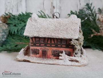 VERKAUFT ! Dresdner Pappe Christbaumschmuck ~ Haus lithografiert mit Zweigen ~ Vintage Weihnacht ~ alter Weihnachtsschmuck