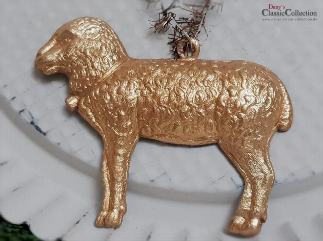 VERKAUFT ! Dresdner Pappe Christbaumschmuck ~ goldenes Lamm aus geprägter Dresdner Pappe mit Tinselaufhänger ~ Sammlerstück ~ Weihnachtsschmuck