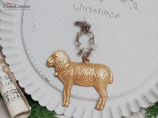 VERKAUFT ! Dresdner Pappe Christbaumschmuck ~ goldenes Lamm aus geprägter Dresdner Pappe mit Tinselaufhänger ~ Sammlerstück ~ Weihnachtsschmuck