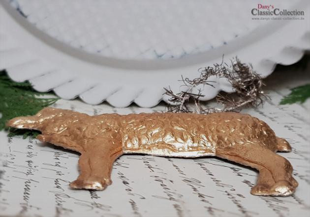 VERKAUFT ! Dresdner Pappe Christbaumschmuck ~ goldenes Lamm aus geprägter Dresdner Pappe mit Tinselaufhänger ~ Sammlerstück ~ Weihnachtsschmuck