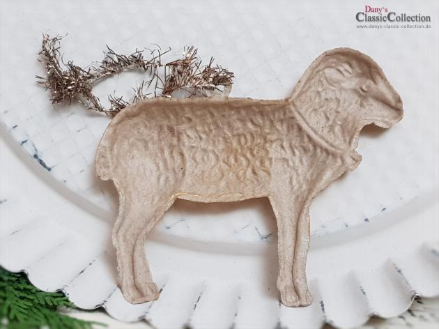 VERKAUFT ! Dresdner Pappe Christbaumschmuck ~ goldenes Lamm aus geprägter Dresdner Pappe mit Tinselaufhänger ~ Sammlerstück ~ Weihnachtsschmuck